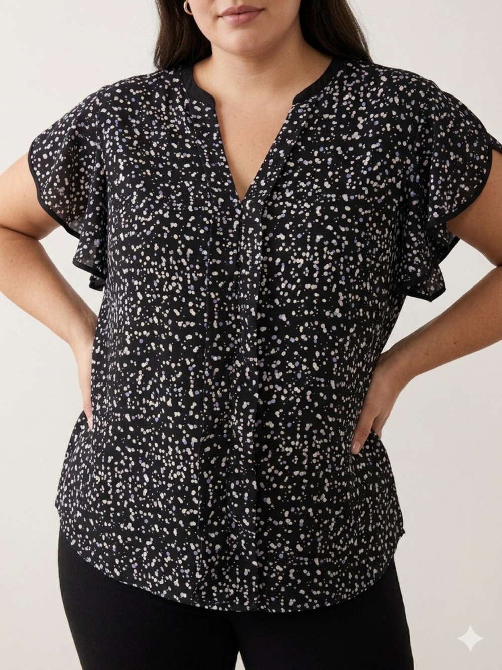 The Limited XL Black Confetti Dot Print Flutter Sleeve Blouse - Career Wear